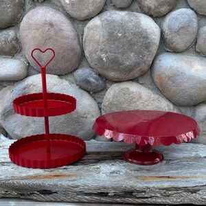 Red Two-Tiered Tray and Cake Stand Set